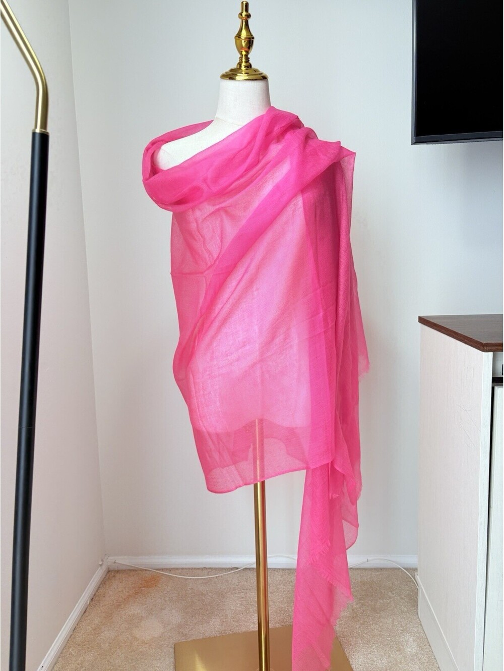 Women's featherweight Scarf Pink Cashmere Chiffon Solid Fringe Trim FREE 💍